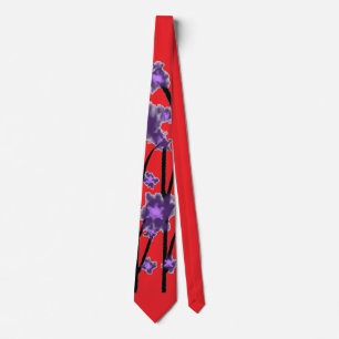 Contemporary Modern Purple Blossoms Red Neck Tie