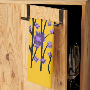Contemporary Modern Purple Blossoms Yellow Kitchen Towel