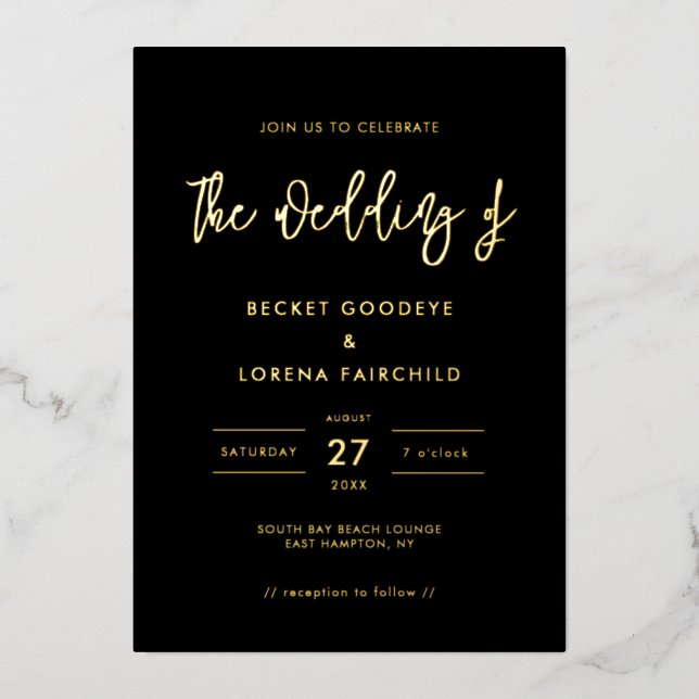 Contemporary modern wedding black and gold foil invitation (Front)