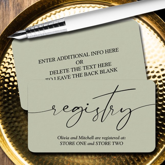 Contemporary Modern Wedding Registry Enclosure Card (Handwritten script wedding registry enclosure cards - Sage Green, more info on back)