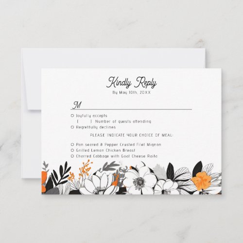 contemporary monochrome flowers meal choices RSVP card