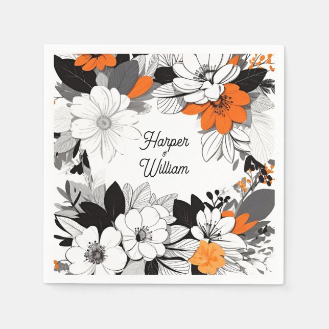 Contemporary monochrome orange flowers wedding napkins (Front)