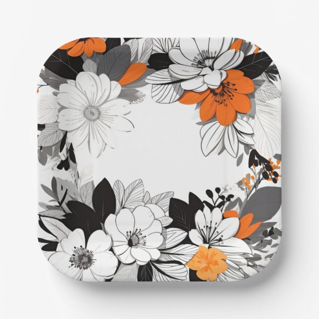 Contemporary monochrome orange flowers wedding paper plates (Front)