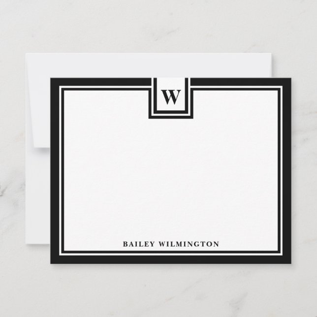 Contemporary Monogram Black Border Stationery Note Card (Front)