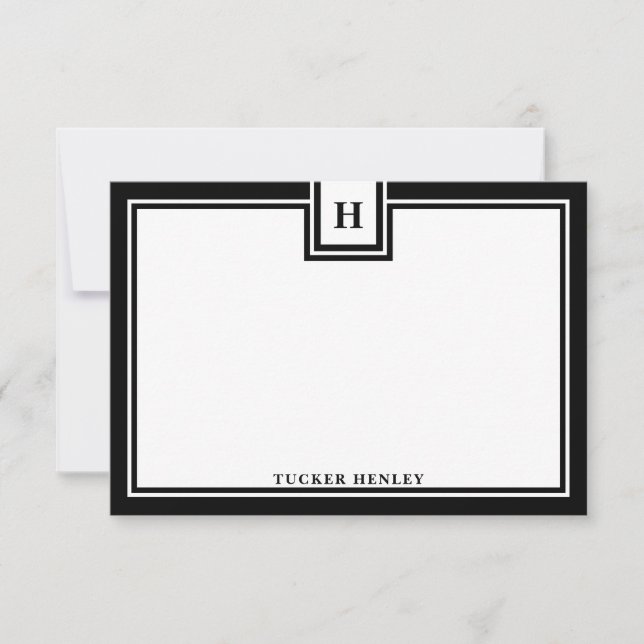 Contemporary Monogram Bold Black Border Stationery Note Card (Front)