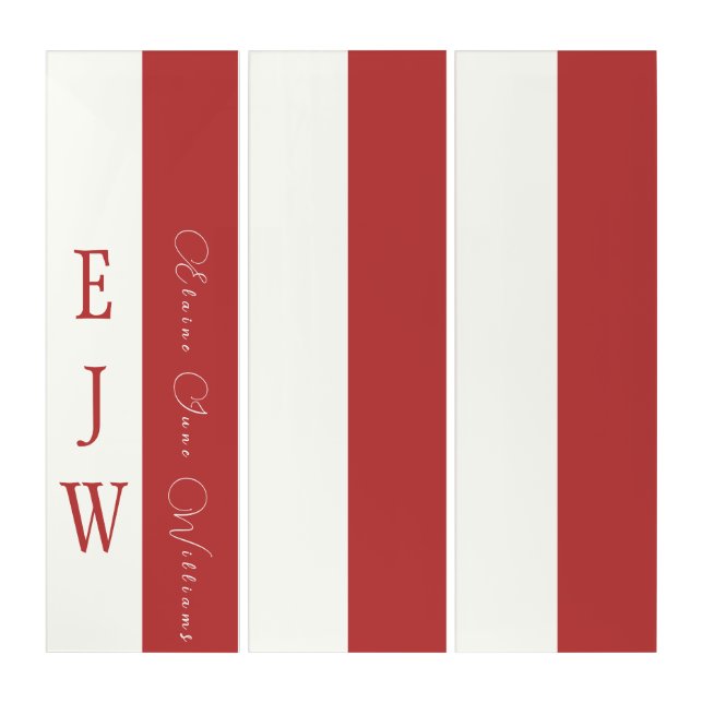 CONTEMPORARY MONOGRAM INITIALS RED WHITE STRIPED TRIPTYCH (Front)
