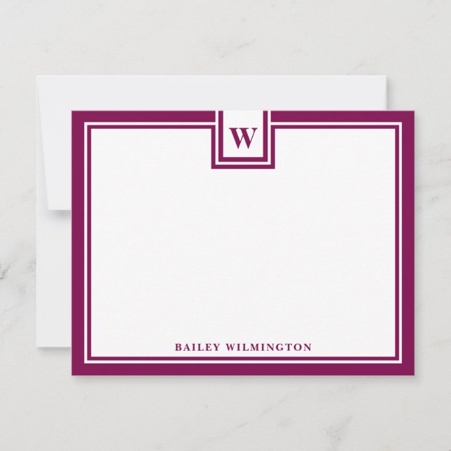 Contemporary Monogram Wine Red Border Stationery Note Card (Front)