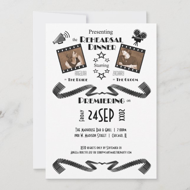 Contemporary Movie Fan Rehearsal Dinner Invitation (Front)