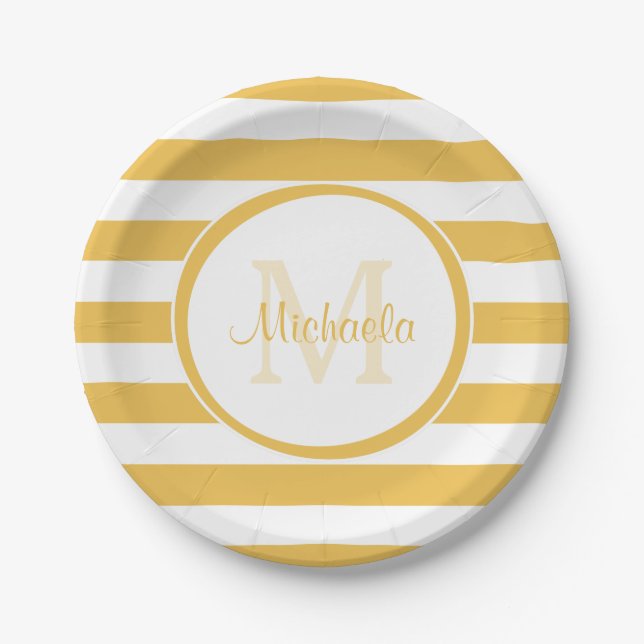Contemporary Named Mimosa Yellow Awning Stripes Paper Plates (Front)