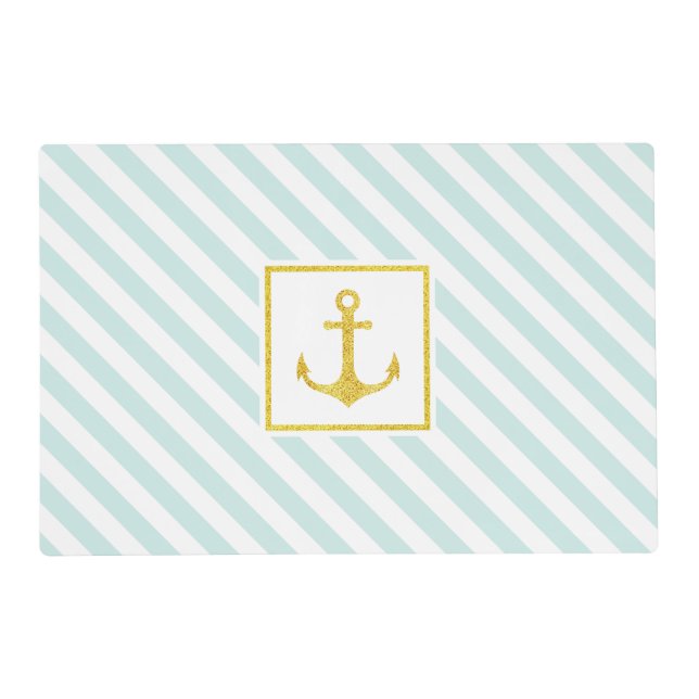 Contemporary Nautical Stripes Golden Anchor Placemat (Front)