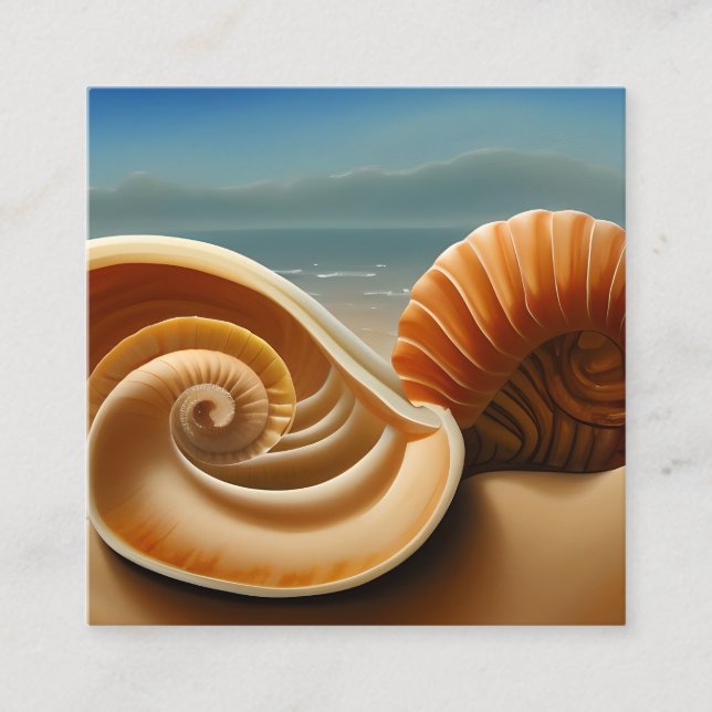 Contemporary Nautilus Shell on a Sandy Beach Tript Square Business Card (Front)