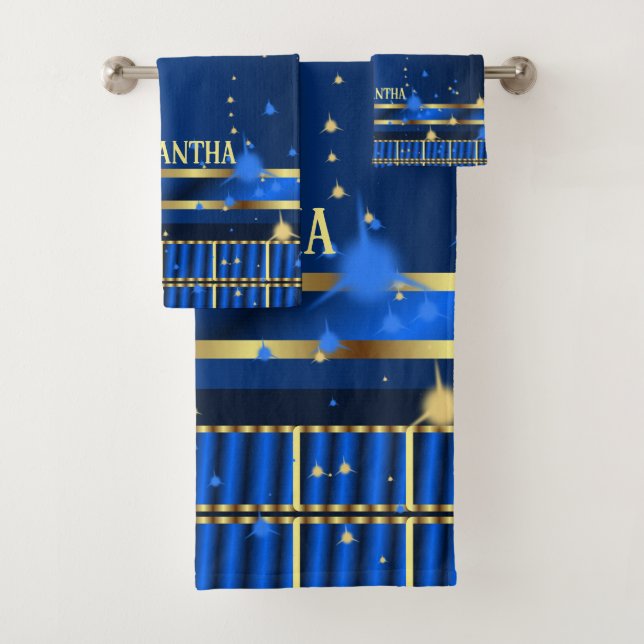 Contemporary Navy And Royal Blue Gold Geometric Bath Towel Set (Insitu)