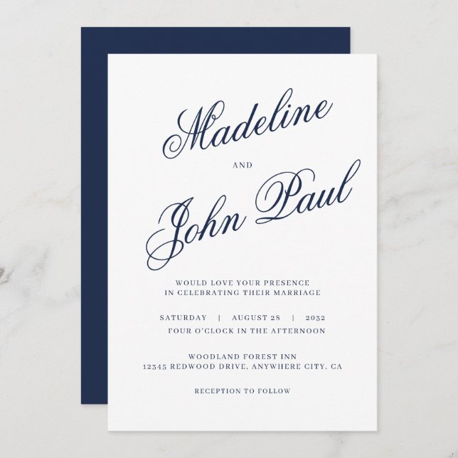 Contemporary Navy Blue Calligraphy Wedding Invitation (Front/Back)