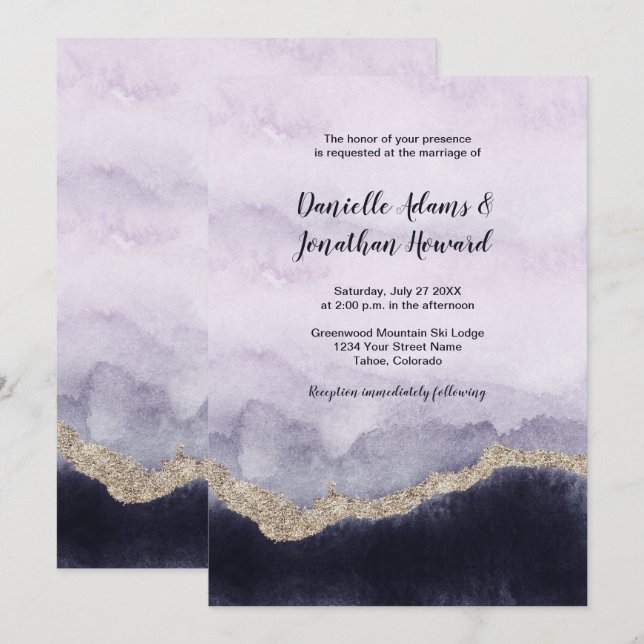 Contemporary Navy Lavender Marble Gold Wedding Invitation (Front/Back)