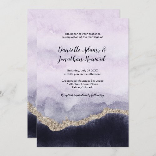 Contemporary Navy Lavender Marble Gold Wedding Invitation