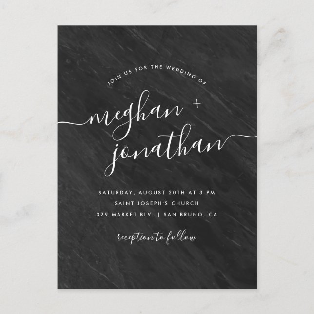 Contemporary Obsidian Black Marble Wedding Invitation Postcard (Front)