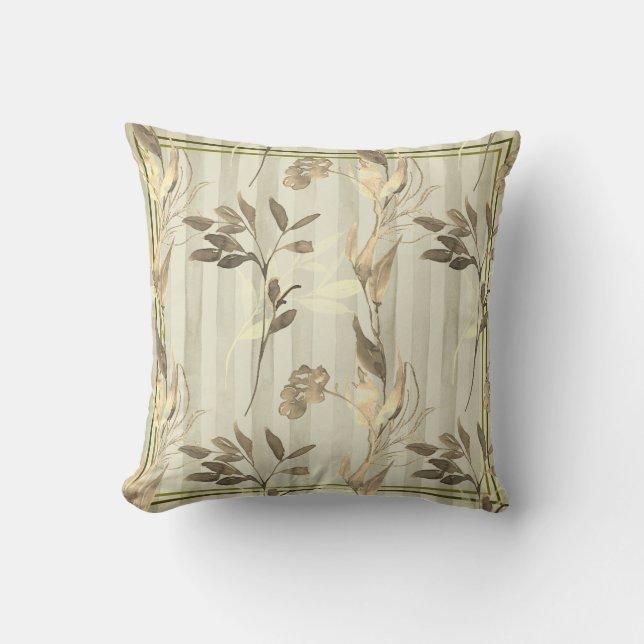 Contemporary Olive/Cream Stripes with Gold Leaf Throw Pillow (Front)