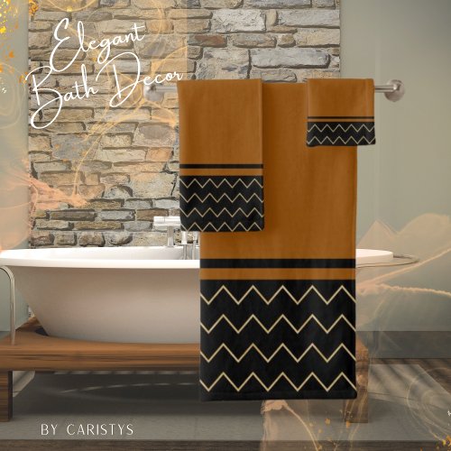 Contemporary Orange Rust and Black with Geometric  Bath Towel Set