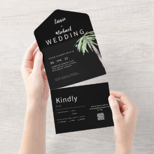 Contemporary Palm Tree Black QR Code Wedding All In One Invitation