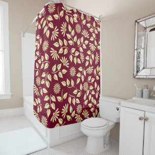Contemporary Pastel Yellow Leaves Daisies Burgundy Shower Curtain
