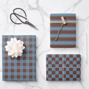 Contemporary Pattern Mix in Brown and Blue Wrapping Paper Sheets