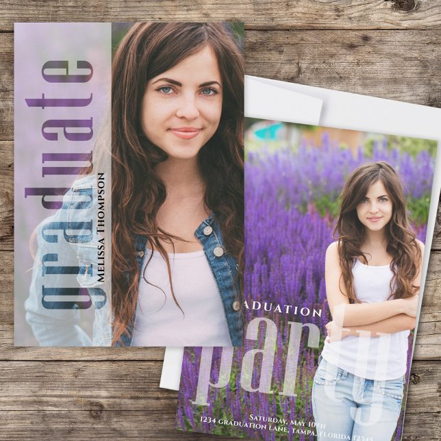 Contemporary Photo Graduation Party Announcement (Contemporary photo graduation announcement with bold vertical typography design)