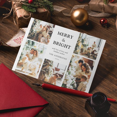 Contemporary Photo Grid Merry  Bright Christmas Holiday Card