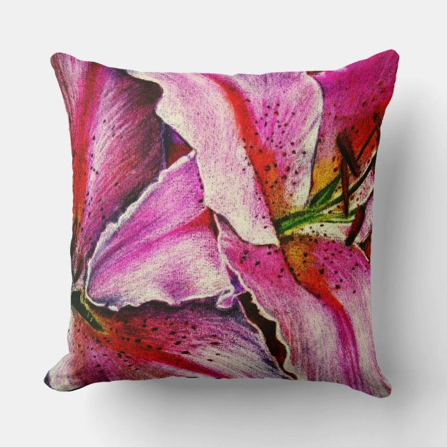 contemporary pink red and black flowers throw pillow (Front)