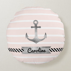 Contemporary Pink Stripes Anchor Personalized Round Pillow