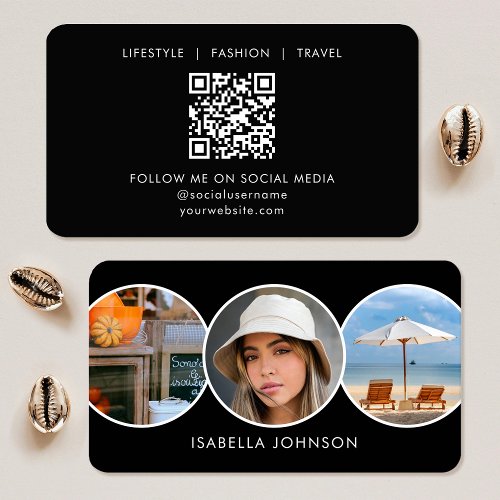 Contemporary Profile Photos Custom QR Code Black Business Card