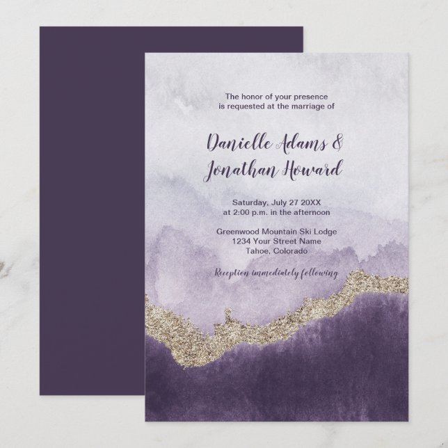 Contemporary Purple Amethyst and Gold Wedding Invitation (Front/Back)