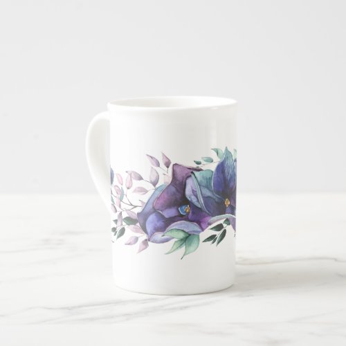 Contemporary Purple and Blue Hydrangea Floral Bone China Mug