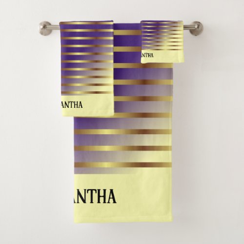 Contemporary Purple And Gold Stripes Name Bath Towel Set