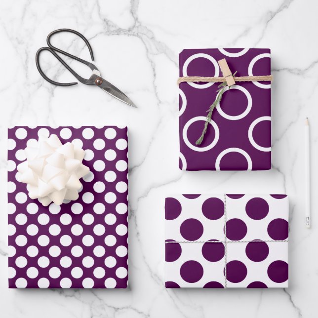 Contemporary Purple Polka Dot Wrapping Paper Sheets (Front)