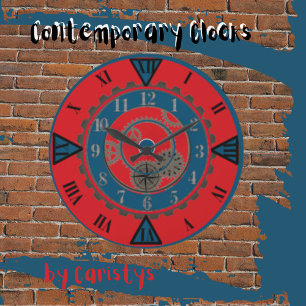 Contemporary Red and Blue Steampunk Wall Clock
