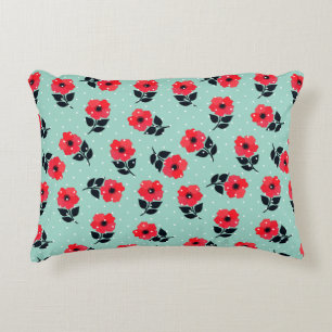 Contemporary Red Aqua Floral Pattern Decorative Pillow