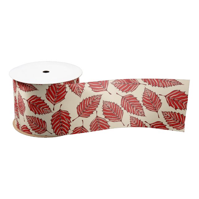 Contemporary Red Birch Leaves Pattern Satin Ribbon (Spool)
