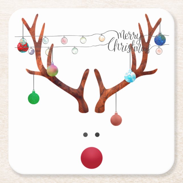 Contemporary Red Nose Reindeer and Light String Square Paper Coaster (Front)