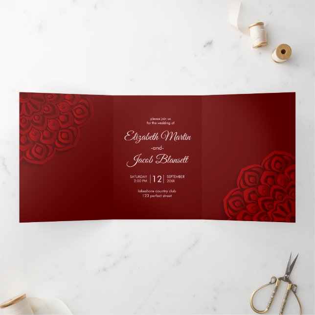 Contemporary Red Papercut Mandala Wedding Tri-Fold Invitation (Inside)