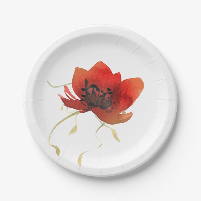 Contemporary Red Poppy and Simple Gold Foliage Paper Plates (Front)