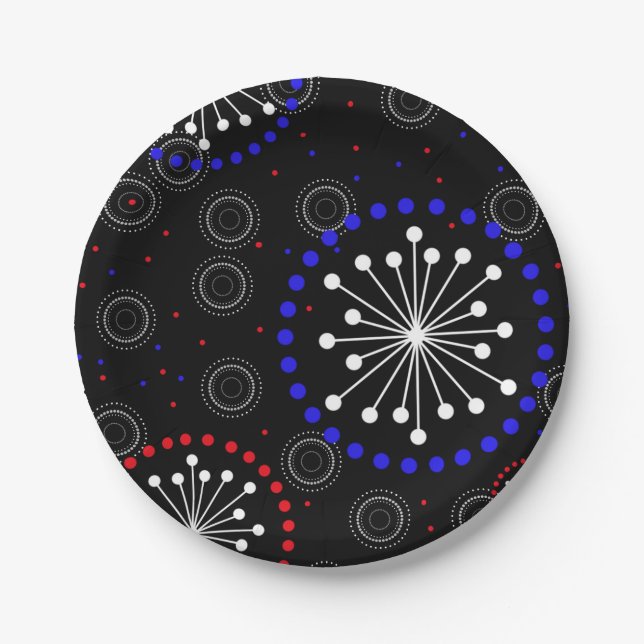 Contemporary Red White Blue Fireworks Paper Plates (Front)
