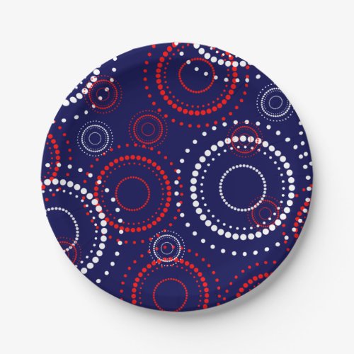 Contemporary Red White Fireworks on Blue Paper Plates