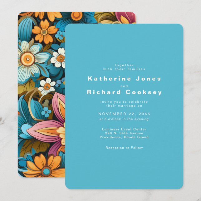  Contemporary Retro Floral Turquoise Wedding Invitation (Front/Back)