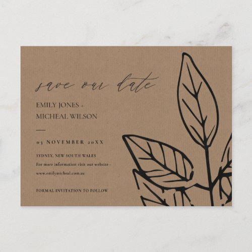 CONTEMPORARY RUST BROWN LEAVES SAVE THE DATE ANNOUNCEMENT POSTCARD