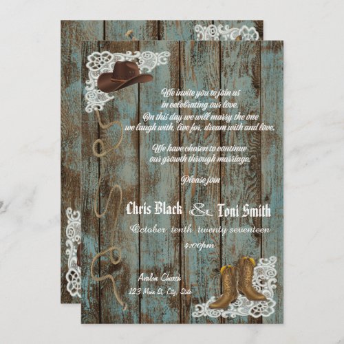 Contemporary Rustic Boots  Lace Wedding Invite