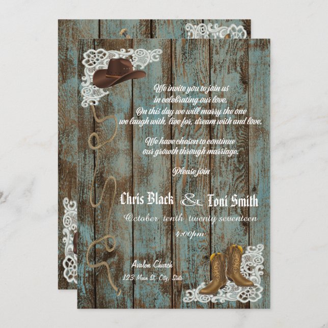 Contemporary Rustic Boots & Lace Wedding Invite (Front/Back)