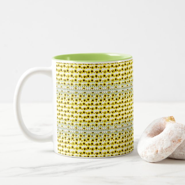 Contemporary Rustic Sunflower Pattern Two-Tone Coffee Mug (With Donut)