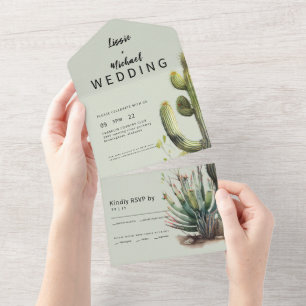Contemporary Sage Cactus Wedding All In One Invitation