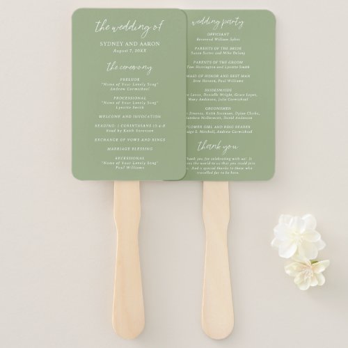 Contemporary Sage Green Modern Wedding Program Hand Fan