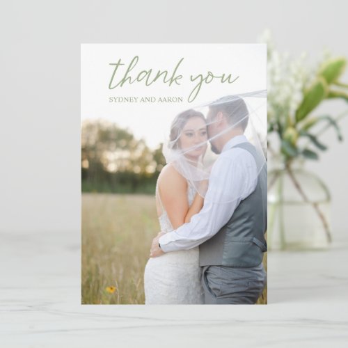 Contemporary Sage Green Photo Modern Wedding Thank You Card